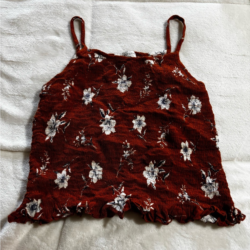 Brown tank top with flowers and scrunchie material Size Medium